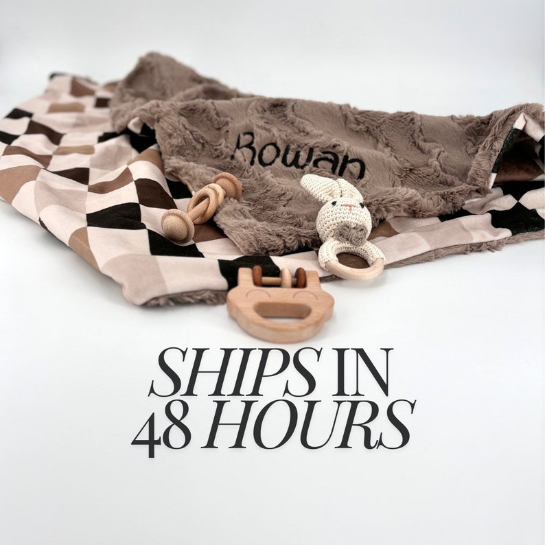 Personalized Taupe Checkered Baby Blanket Custom Baby Gift Plush Minky