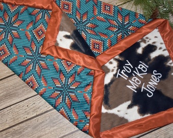 Personalized baby blanket, Western baby boy bedding, Cow print blanket, cowhide blanket, rustic baby blanket, horses baby gift, cowboy