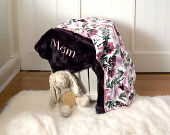 Purple Personalized baby gift Pink Floral Boho Baby Girl minky Blanket; Purple baby girl blanket boho pink baby girl gift soft baby gift