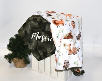 Personalized deer blanket Boy Minky blanket fawn baby gift blanket for Woodland gift baby woodland animal gift for newborn baby gift