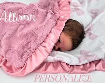 Pink Baby Blanket Minky Baby Shower Gift Newborn Girl pink Bow Satin Trim blanket with name Nursery Decor Photography Prop Toddler Bedding