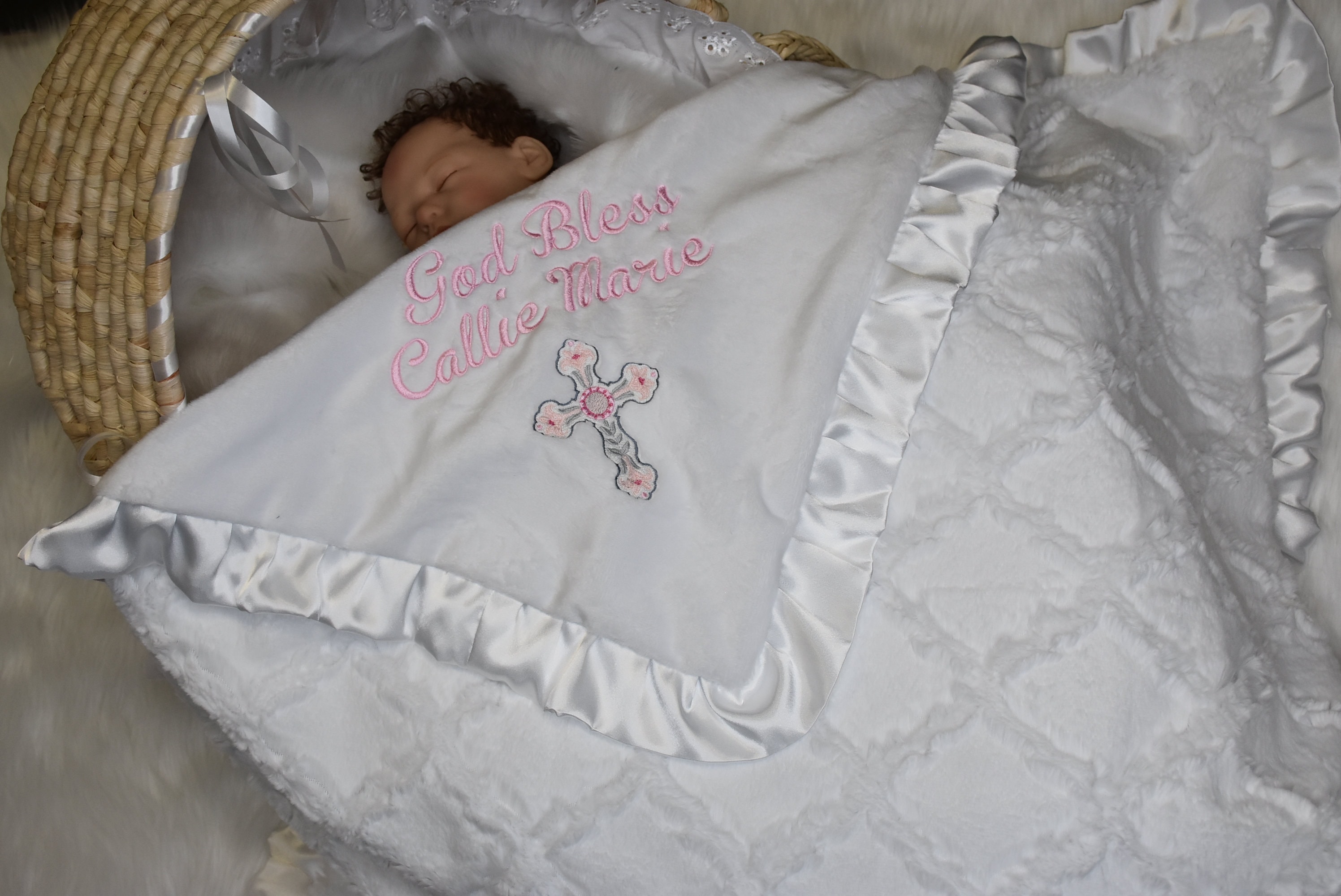 Personalized Baby Girl Baptism Blanket, all white baby blanket, girl