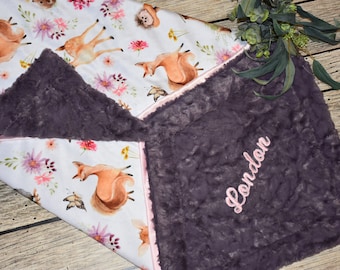 Personalized Pink Woodland Baby Gift- Deer Baby Girl Blanket, baby animal baby girl blanket, woodland animals, Deer baby gift, purple baby