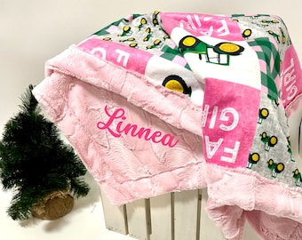 Personalized Green Tractor Girl Baby minky Blanket, Pink baby girl farm blanket, farm life blanket, tractor blanket for baby girl gift