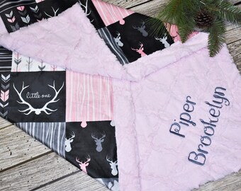 Woodland Personalized minky blanket-Baby girl Deer blanket, Pink Baby blanket, baby girl gift, Personalized baby gift, woodland blanket