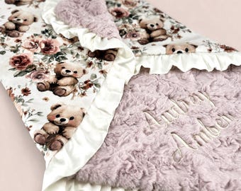 Personalized Baby Blanket Teddy Bear Floral Print Pink Satin Trim Nursery Crib Bedding Custom Minky Throw Embroidered Name Gift Baptism