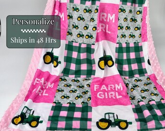 Personalized pink tractor baby blanket girl farm baby shower gift for new mom custom name minky baby blanket Green Tractor new baby gift