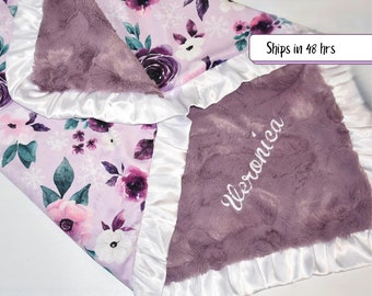 Soft baby girl blanket handmade purple floral baby shower gift embroidered custom personalized blanket newborn baby gift idea for new mom