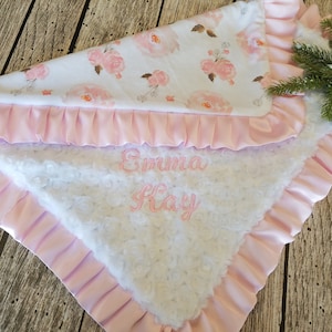 Celebrate a precious arrival with this handmade  pink minky baby blanket, a soft and boho-inspired gift for baby girls.