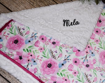 Boho Personalized Pink Baby girl Blanket, Pink and White Floral Baby Blanket for a Boho nursery, Personalized baby girl shower gift