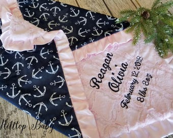 Personalized Baby Gifts, Nautical Pink Baby Girl Blanket; Custom Anchor baby girl blanket, Nautical baby girl shower gift, Adult Blanket