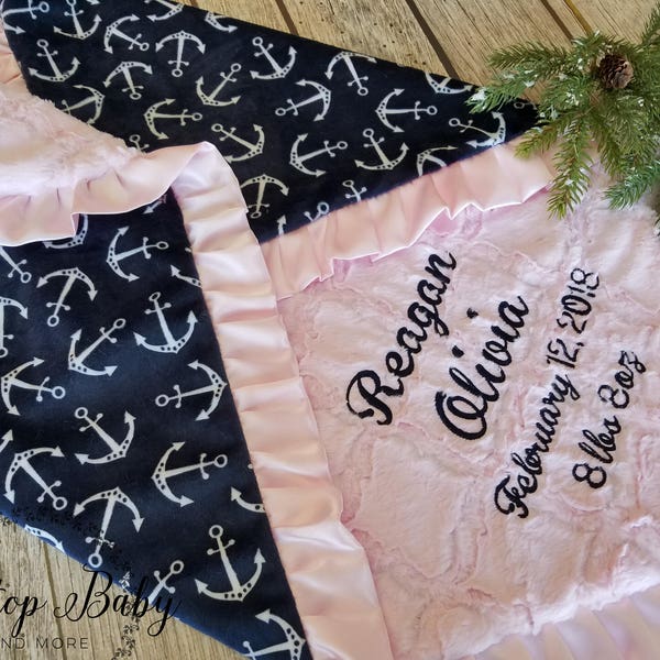 Personalized Baby Gifts, Nautical Pink Baby Girl Blanket; Custom Anchor baby girl blanket, Nautical baby girl shower gift, Adult Blanket