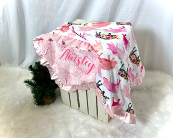 Pig Baby blanket personalized, Girl baby names blanket with satin, pig themed baby shower, farm animal blanket, Minky baby blanket for girl