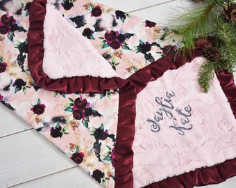 Personalized Pink Boho baby girl minky blanket, Pink and Burgundy Floral Baby girl Shower Gift, Personalized pink baby blanket gift