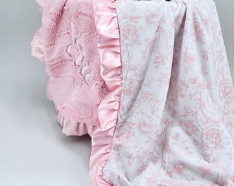 Pink Satin Blanket Minky Backing Floral Design Baby Girl Nursery Decor Luxury Gift Newborn Essential Soft Plush Rose Pattern Toile Fabric