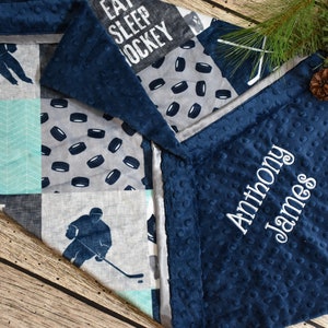 Personalized Ice Hockey Navy baby boy minky blanket shower gift Navy Mint Gray Baby boy Personalized baby gift Blue baby boy blanket