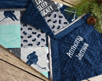 Personalized Ice Hockey Navy baby boy minky blanket shower gift Navy Mint Gray Baby boy Personalized baby gift Blue baby boy blanket