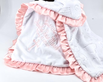Personalized Baby Blanket Christening Gift for Baptism White Throw Baby Keepsake Religious Ceremony Cross Design Custom Embroidery Minky