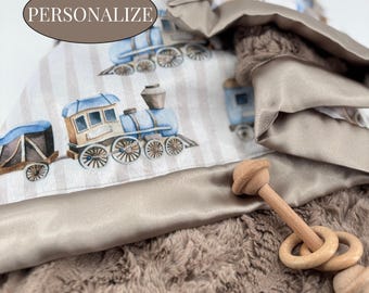 Personalized Baby Blanket Minky Fabric Train Design Vintage Style Nursery Decor Blue Transportation Theme Bedding Soft Plush Crib Accessory