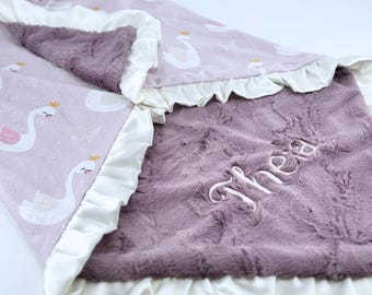 Personalized Baby Blanket Toddler Crib Bedding Set Nursery Decor Princess Theme Swan Pattern Lavender Minky Soft Fabric Satin Trim Custom