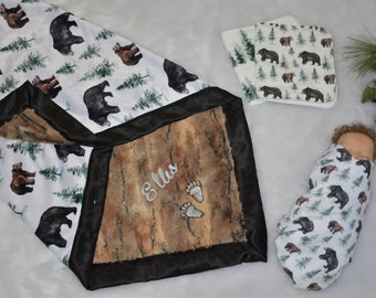 Bear personalized baby boy minky Blanket gift set- Forest Animals baby boy shower gift for a Bear baby nursery, handmade custom baby blanket