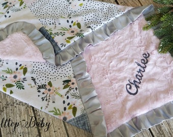 Personalized minky blanket, baby girl gift, Personalized baby gift, floral pink baby blanket, Fawn minky blanket, New baby gift