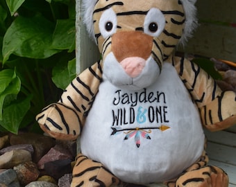 Personalized Tiger baby stuffed animal, birth announcement safari boy baby shower gift, Jungle baby customized stuffed animal