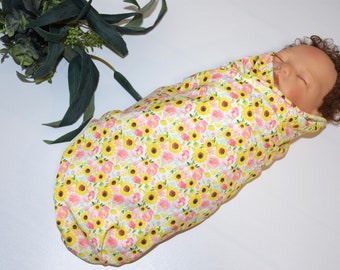 Knit Swaddle Blanket-Pink FLORAL baby girl gift, swaddling blanket set-newborn baby gift, soft baby blanket for girls,Yellow sunflower