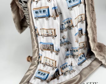 Personalized Baby Blanket Minky Fabric Train Design Vintage Style Nursery Decor Blue Transportation Theme Bedding Soft Plush Crib Accessory