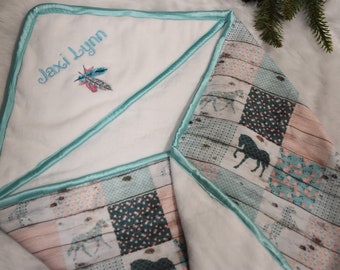 Personalized Horse Cowgirl baby gift, Teal and Gray Western Girl personalized hooded baby towel, Tribal Baby Girl shower gift