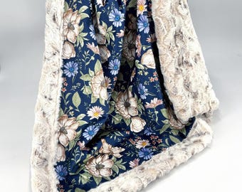 Personalized Baby Blanket Navy Floral Vintage Nursery Wrap Infant Swaddle Soft Crib Cover Custom Minky Gift Child Keepsake Present