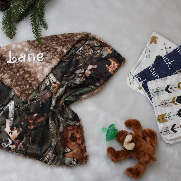 Personalized Woodland Moose Camo Baby Boy Gift, Moose Pacifier blanket-woodland burp cloths, car seat baby boy gift, camo lovey