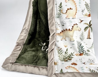 Dinosaur Baby Blanket Minky Personalized Custom Throw Plush Dinosaur Nursery Bedding Green Prehistoric Accessory Satin Trim Toddler Nap