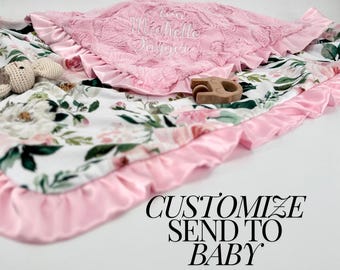 Personalized Baby Blanket Floral Baby Shower Gift Custom Baby Gift Minky Security Blanket Girl Nursery Decor Soft Newborn Tummy Time Mat