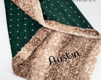 Personalized Minky Blanket Baby Shower Gift Idea Custom Name Embroidered Keepsake Woodland Nursery Bedding Set Deer Design Soft Fabric