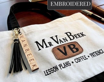 Teacher Appreciation Gift Personalized Canvas Tote Bag Custom Embroidered School Supply Organizer Zipper Closure Laptop Carrier Professional