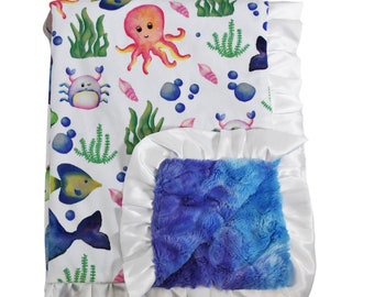 Blue Sea Creature READY TO SHIP Baby Girl Minky Blanket, Blue and White nautical baby girl blanket, Octopus baby, Whale baby, crab baby