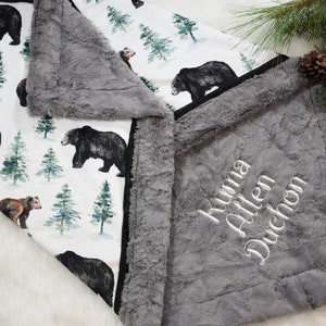 Personalized BEAR Woodland baby boy minky blanket, woodland boy Baby Shower Gift, Grizzly bear baby shower gift, Forest animal baby gift