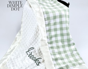 Personalized Baby Blanket Sage Green Gingham Minky Shower Gift Newborn Photo Prop Soft Toddler Keepsake Custom Nursery Farmhouse Receiving