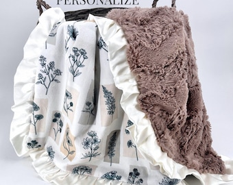 Personalized Baby Blanket Girl Shower Gift Newborn Hospital Photo Prop Name Embroidered Wildflower Nursery Idea Satin Ruffle Minky Throw