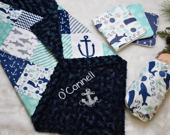 Personalized Nautical Baby Boy gift- Gray and Blue Sea Creature Baby boy minky Blanket-Nautical baby shower gift, swaddle, burp cloth