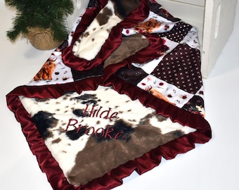 Personalized Highland Cow blanketMinky cowhide baby girl blanket Personalized Highland cow baby gift for a new mom gift or newborn gift