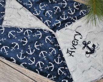 Personalized Nautical Minky baby boy Blanket for an Under the Sea baby gift, Blue Anchor baby blanket for a newborn baby gift with name