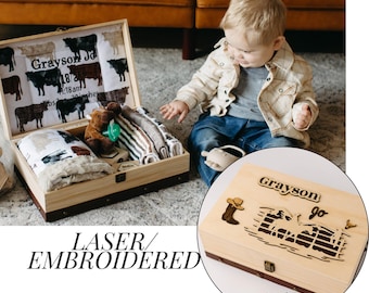 Cowboy memory box personalized trunk for baby boy keepsake box for new mom baby gift embroidered suitcase wooden organizer for baby shower