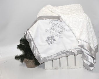 Personalized baptism baby gift- Christening white and silver baby blanket- Baby Girl Baptism baby blanket, Baby Boy custom newborn blanket
