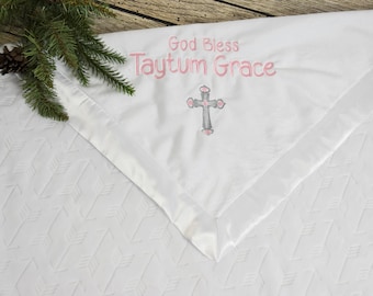 White Personalized Baptism Blanket-Girl baby Blanket-Christening blanket, baptism gift girl, gift from grandma, baptismal blanket with satin