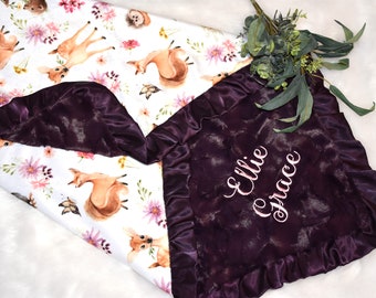 Personalized Pink Woodland Baby Gift Deer Baby Girl Blanket baby animal baby girl blanket woodland animals Deer baby gift purple baby