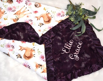 Personalized Pink Woodland Baby Gift- Deer Baby Girl Blanket, baby animal baby girl blanket, woodland animals, Deer baby gift, purple baby