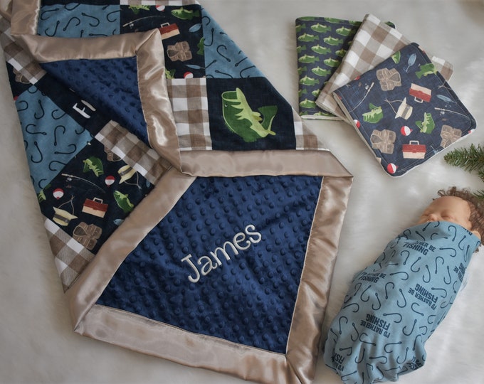 Featured listing image: Personalized baby boy blanket, Fishing minky baby blanket, knit swaddle, fishing baby boy shower gift, burp cloth, fishing gift, Custom baby