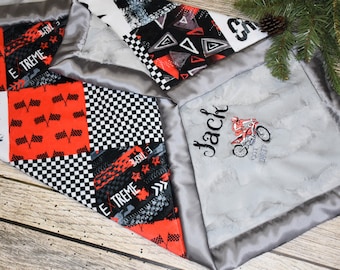 Personalized Motocross Baby Boy Minky Blanket, Gray Black and Red Dirt Bike Baby Shower gift, Motorcycle baby nursery, motocross shower gift